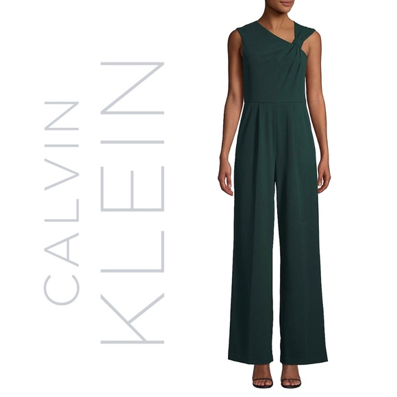Calvin Klein - Emerald Green Asymmetrical-Neck Wide-Leg Jumpsuit - Picture 1 of 5